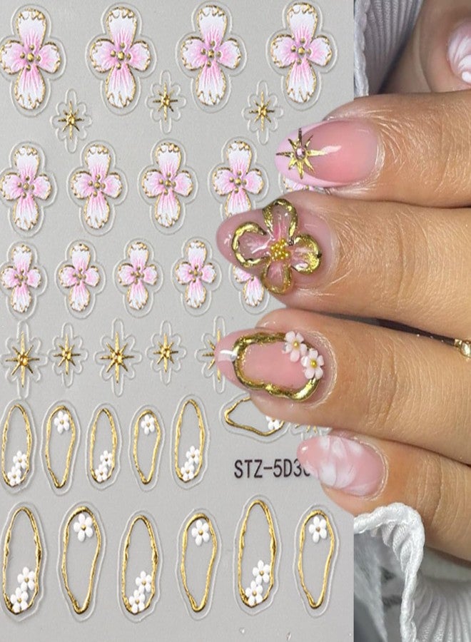 BSBTBZ Flowers Nail Stickers, 5D Embossed Pink Small Flower Nail Decals, Spring Relief Lily Nail Art, 3D Acrylic Flowers Embossed Sliders Gold Star Cherry Blossom Manicure Decor for DIY Nail Art Decorations - Image 4